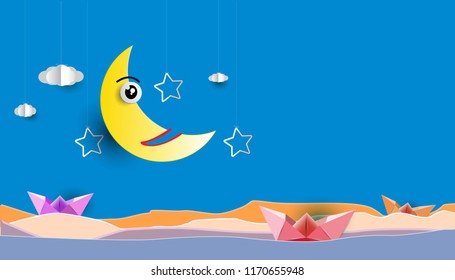 Paper boat in the sea at night with the moon in the sky.