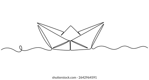 Paper boat in the sea one line art drawing, One continuous line drawing of paper boat. Origami ship concept for success leadership of business in simple linear style. Editable stroke. Doodle Vector