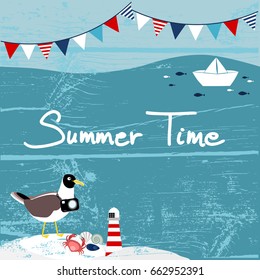 Paper boat in the sea with party flags. Seagull bird and lighthouse by the sea, summer time. Summer background, vector illustration