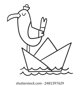  Paper boat with a seagull sailing, black and white clipart, coloring page