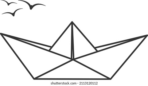 paper boat and seagulls, outline vector illustration isolated on white background