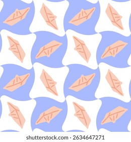Paper Boat Seamless Pattern Design — light pink origami boats on wavy blue and white background, flat cartoon style with soft playful summer mood.