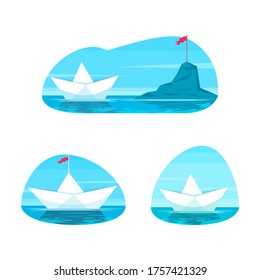 Paper boat semi flat vector illustration set. Leadership metaphor. Motivation to achieve goal. Mountain with flag. Challenge to reach target. Origami toy ship 2D cartoon object for commercial use