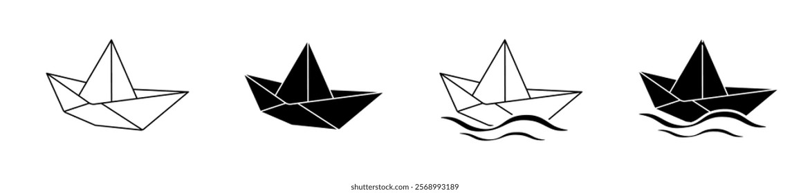 Paper boat set icons. Linear and silhouette style. Vector icons.