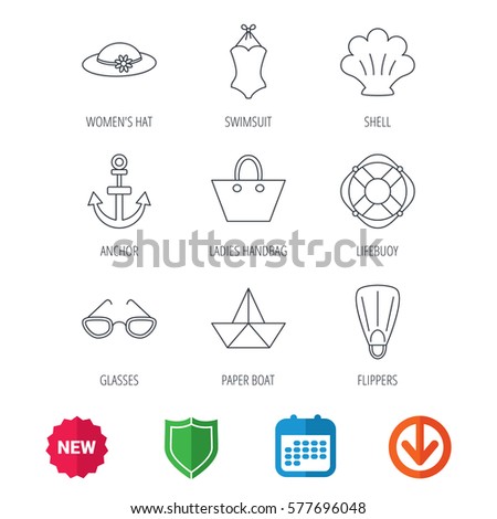 Paper boat, shell and swimsuit icons. Lifebuoy, glases and women hat linear signs. Anchor, ladies handbag icons. New tag, shield and calendar web icons. Download arrow. Vector