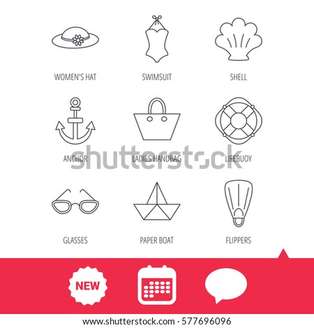 Paper boat, shell and swimsuit icons. Lifebuoy, glases and women hat linear signs. Anchor, ladies handbag icons. New tag, speech bubble and calendar web icons. Vector