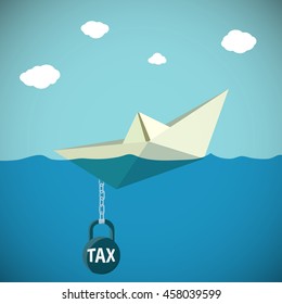 El barco de papel se hunde en el agua. Kettlebell con el impuesto de inscripción. Ilustración del vector de material.