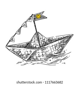 Paper boat with smile on flag. Sketch. Engraving style. Vector illustration.