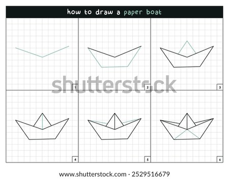 Paper boat step by step vector line drawing instructions