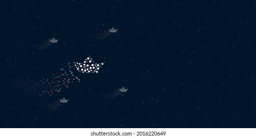 Un símbolo de barco de papel lleno de puntos vuela por las estrellas dejando un rastro detrás. Hay cuatro pequeños símbolos alrededor. Ilustración vectorial sobre fondo azul oscuro con estrellas