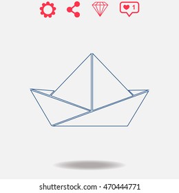 Paper boat vector icon on grey background.