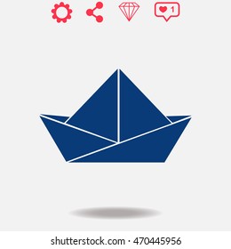 Paper boat vector icon on grey background.