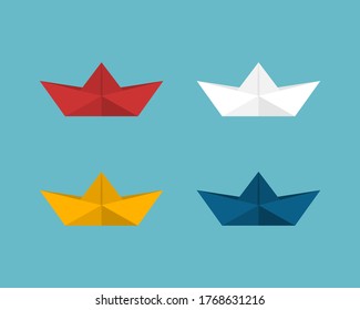 Paper boat vector set isolated on blue background.