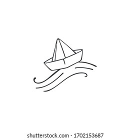 Papierboot. Wellen. Vektorillustration einzeln auf weißem Hintergrund. Linienzeichnung.  Schwarz-Weiß.