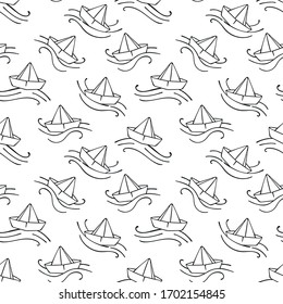 Paper boat. Waves. Seamless vector pattern (background). Doodle print.