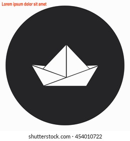 Paper boat web icon. Gray circle button with white illustration.