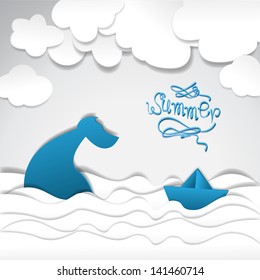 Paper Boat And Whale On Summer Background - Vector Illustration, Graphic Design Editable For Your Design