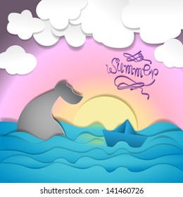 Paper Boat And Whale On Summer Background - Vector Illustration, Graphic Design Editable For Your Design