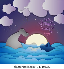 Paper Boat And Whale On Summer Night Background - Vector Illustration, Graphic Design Editable For Your Design