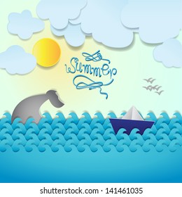 Paper Boat And Whale On Summer Background - Vector Illustration, Graphic Design Editable For Your Design