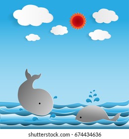 Paper Boat And Whale On Summer Background - Vector Illustration.