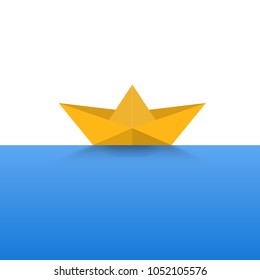 Paper boat yellow color on a blue sea background cartoon vector illustration
