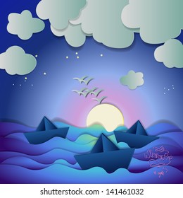 Paper Boats And Birds On Summer Night Background - Vector Illustration, Graphic Design Editable For Your Design