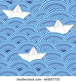 Paper boats in blue sea waves. Seamless vector pattern.