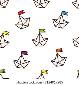 barcos de papel con banderas de colores, papel tapiz, patrón sin soldadura