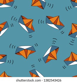Paper boats, cute, orange and blue on sea blue background. Vector seamless pattern.