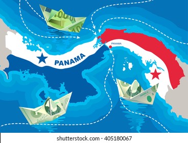 Paper Boats From Dollars And Euros Are Floating In The Panama Canal. The Concept Of Offshore Companies. Money Are Sent To A Safe Harbor.