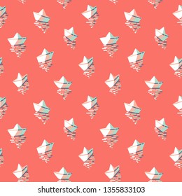 Paper boats on red background seamless vector pattern. Hand-drawn origami boats on sunset sea water. Pastel summer beach vacation design.