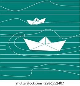 Paper boats on the waves in the form of notebook lines