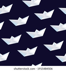 Paper boats on the waves. Seamless pattern. Simple color vector illustration.
