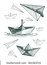 Barcos de papel y aviones. Esbozo vectorial.