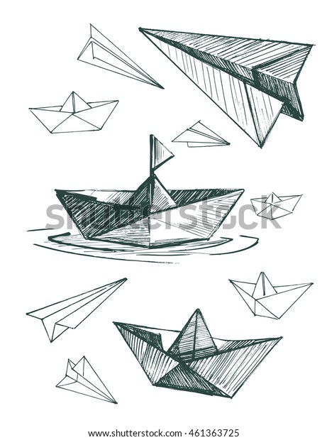Image Vectorielle De Stock De Bateaux Et Avions En Papier Dessin 461363725