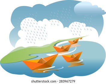 Paper boats in rainy water - vector