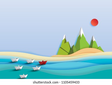 Paper boats sailing on the sea.Business teamwork and leadership concept.Paper art vector illustration.