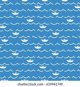 Paper boats and sea waves seamless pattern. Marine vector wallpaper. Simple doodle line background