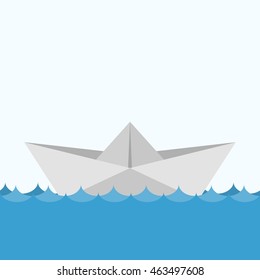 Paper boats ship origami toy vessel transport wave. Ocean navy freedom yacht paper ship in flat style on blue background.