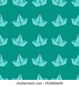 paper boats for stream or puddle, vector seamless pattern on turquoise background, doodle style illustration