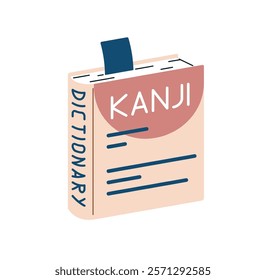 Paper book with bookmark for learning foreign language. Japanese dictionary, vocabulary. Textbook to study Chinese characters. Education icon. Flat isolated vector illustration on white background