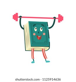 Paper book cartoon character lifts dumbbell with fun and smile on face isolated on white background. Sport literature personage doing sports in flat vector illustration.