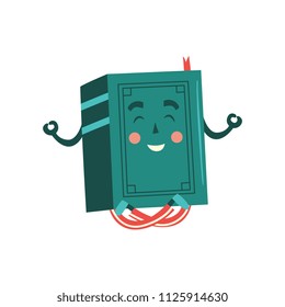 Paper book cartoon character practicing yoga with smile on face isolated on white background. Sport literature smiley sitting in lotus posture and meditating in flat vector illustration.