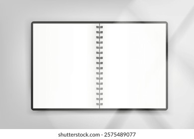 Paper book on bright background with window light. 3d vector mockup