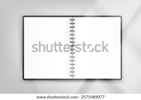 Paper book on bright background with window light. 3d vector mockup