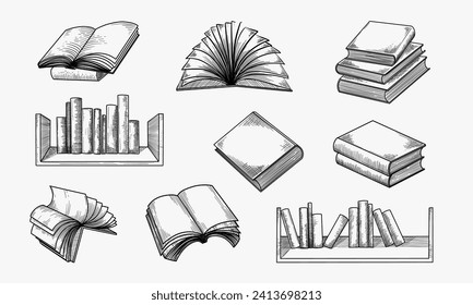 Paper book sketch vector illustration. Isolated hand drawn learning and education icons set. Open and closed books collection on bookshelf. Library or bookstore vintage design elements.