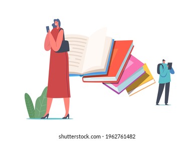 Paper Book vs E-book Concept. Characters Reading Using Innovative Technologies Ebooks and Smartphones. Digitization, Education, Literature, Digital Device for Read. Cartoon People Vector Illustration