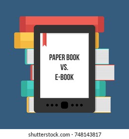 Paper book vs. e-book flat design vector illustration.
