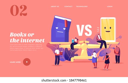 Paper Book vs E-book Landing Page Template. Tiny Characters Reading at Huge Scales. Innovative Technologies in Education, Literature, Digital Device for Read Books. Cartoon People Vector Illustration